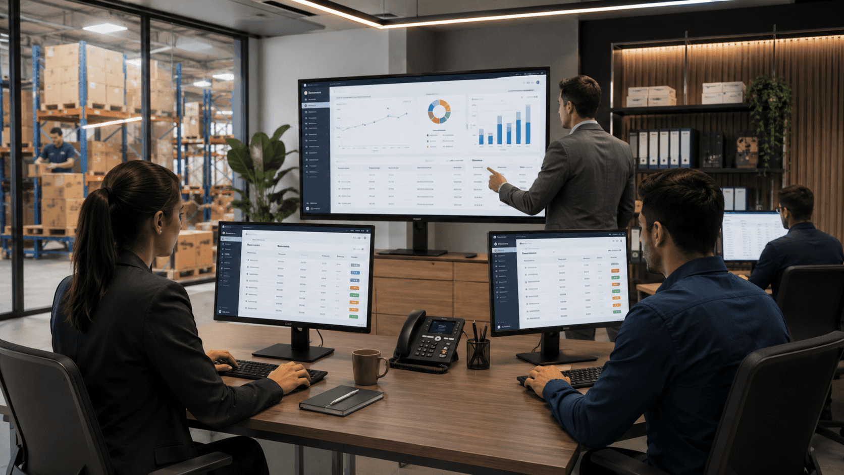 Renderização 3D realista de um escritório corporativo moderno integrado visualmente a um centro de distribuição. Em primeiro plano, profissionais acompanham pedidos e dashboards em telas grandes e notebooks, com ambiente sofisticado, iluminação suave e móveis contemporâneos. Ao fundo, através de divisórias de vidro, aparece um armazém logístico com prateleiras altas, pallets e movimentação de mercadorias. A cena transmite organização de pedidos entre unidades franqueadas, gestão centralizada e integração tecnológica entre operação comercial e ERP.