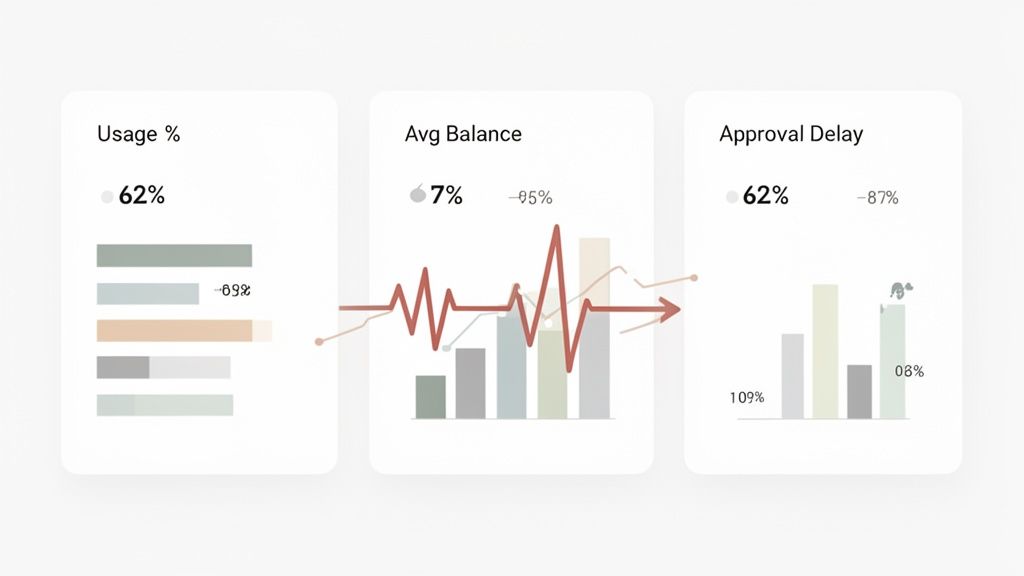 Three white data visualization cards displaying usage percentage, average balance, and approval delay metrics with various charts.