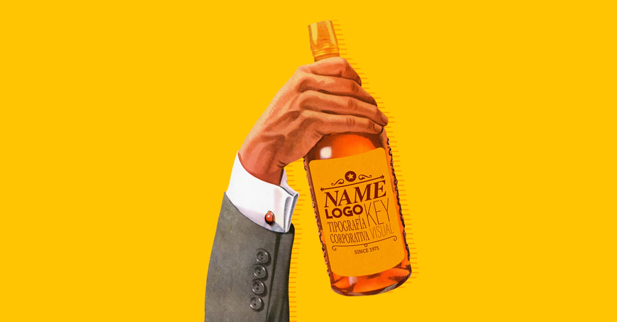 Botella de licor vintage en mano, etiqueta personalizada fondo amarillo.