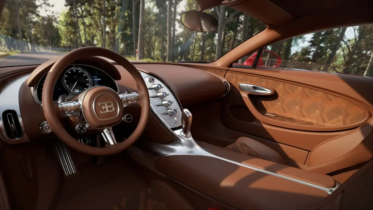 Hypercar interior, tan leather and aluminum