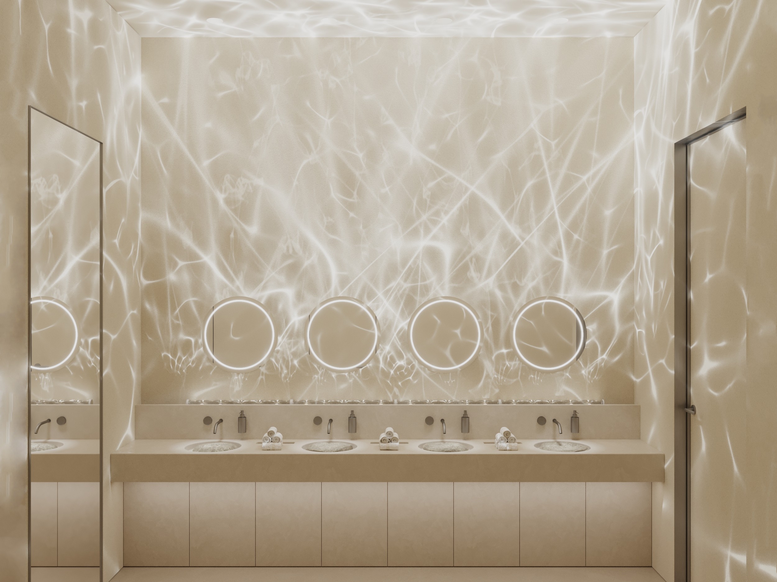 Elegant tiled wall with a floral pattern, accompanied by a minimalist design in soft beige tones.