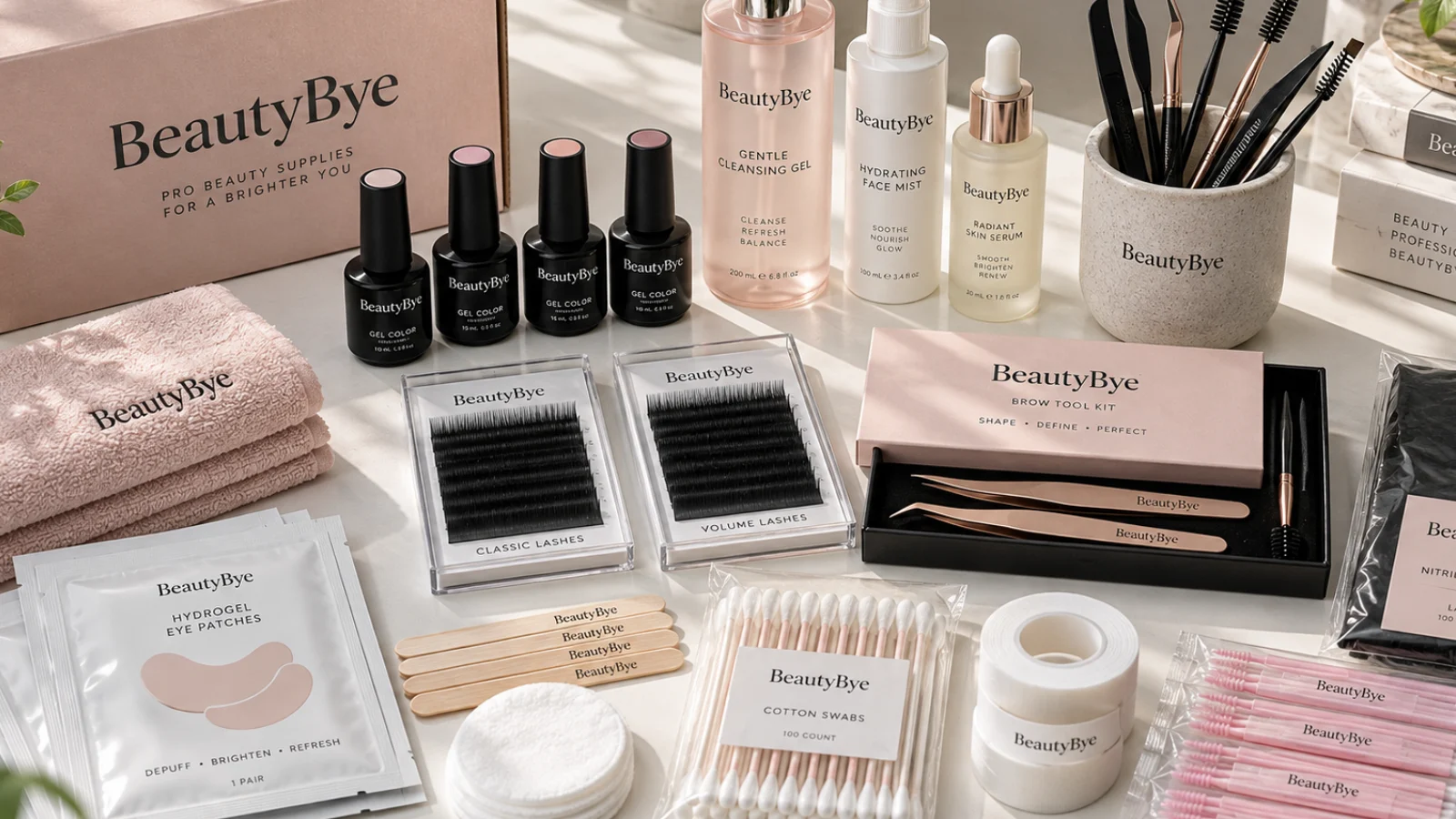 Mixed BeautyBye professional nail, lash, brow and skincare stock on a bright neutral table