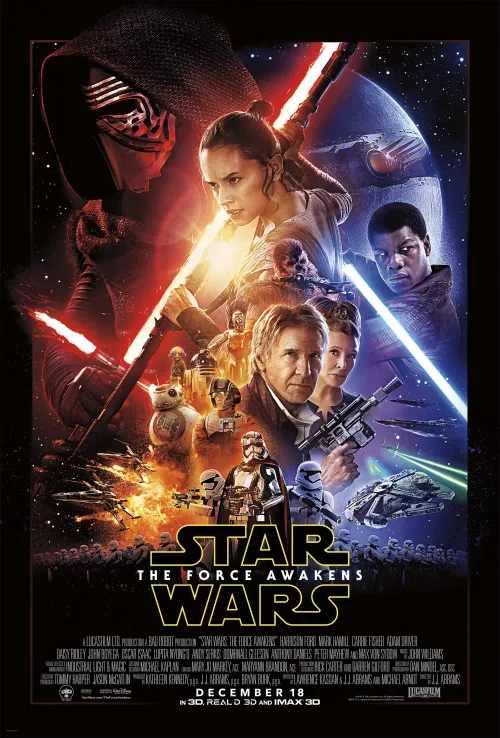 Promotional poster for Star Wars Episode VII: The Force Awakens featuring Han Solo, Leia Organa, Rey Skywalker, Finn, Poe Dameron, BB-8, Kylo Ren, and more