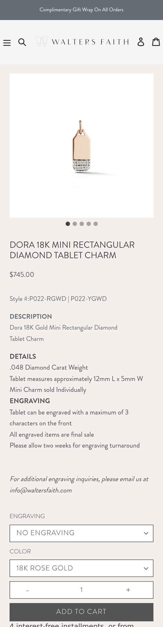 Jewelry product options include: pendant for DORA 18K MINI RECTANGULAR DIAMOND TABLET CHARM from Walters Faith.