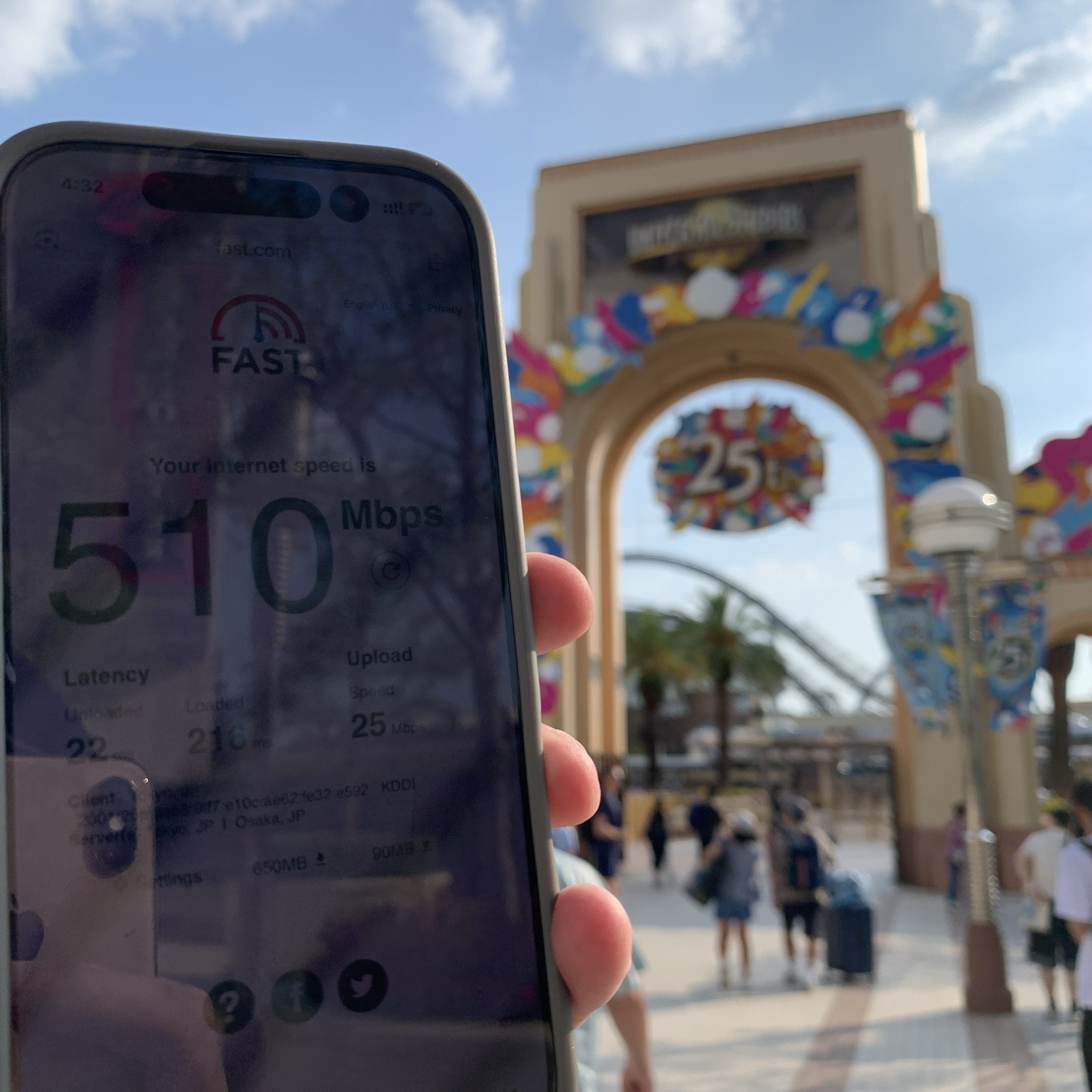 Speed test result of 510 Mbps recorded on a phone at USJ (Universal Studios Japan), Japan