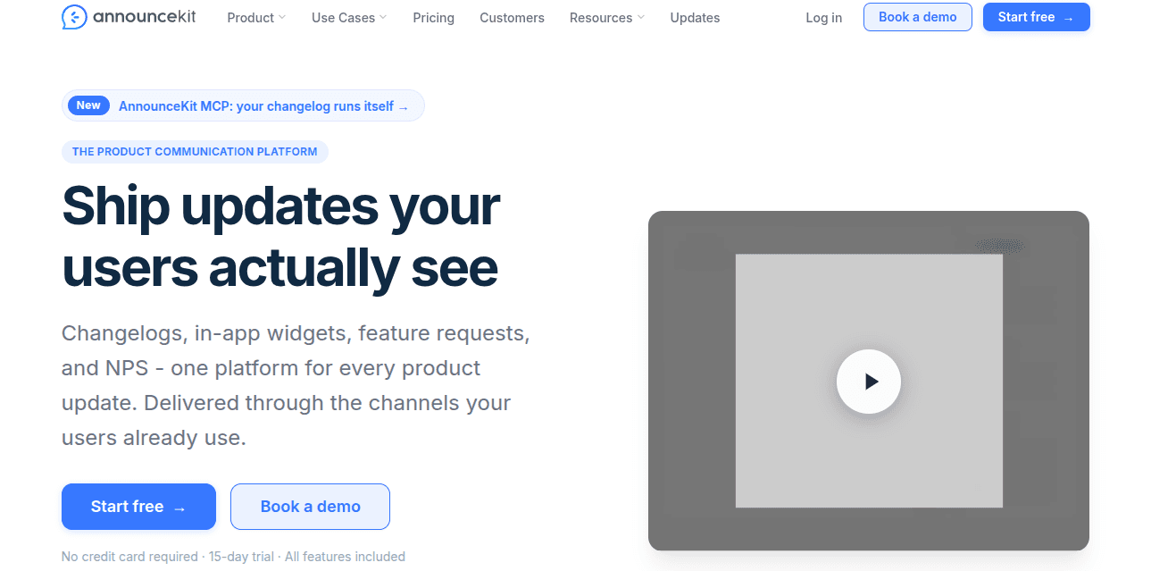 AnnounceKit homepage screenshot showing product communication platform landing page