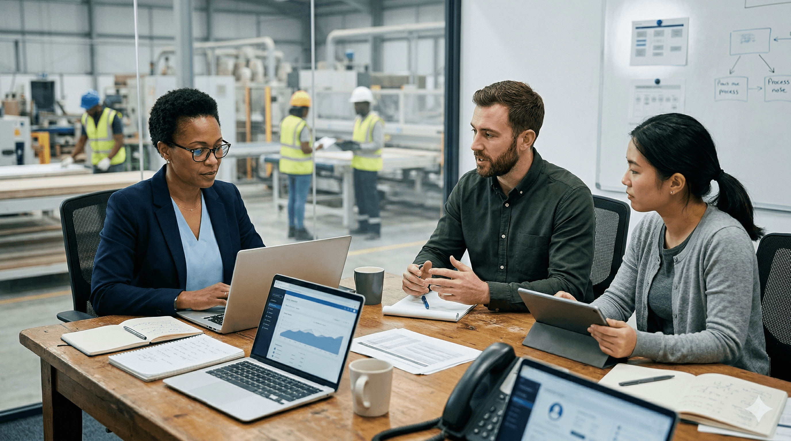 A diverse group of professionals engage in a collaborative meeting around a wooden table, with laptops and documents open, as they discuss strategies for boosting customer experience using Salesforce in an industrial office setting.
