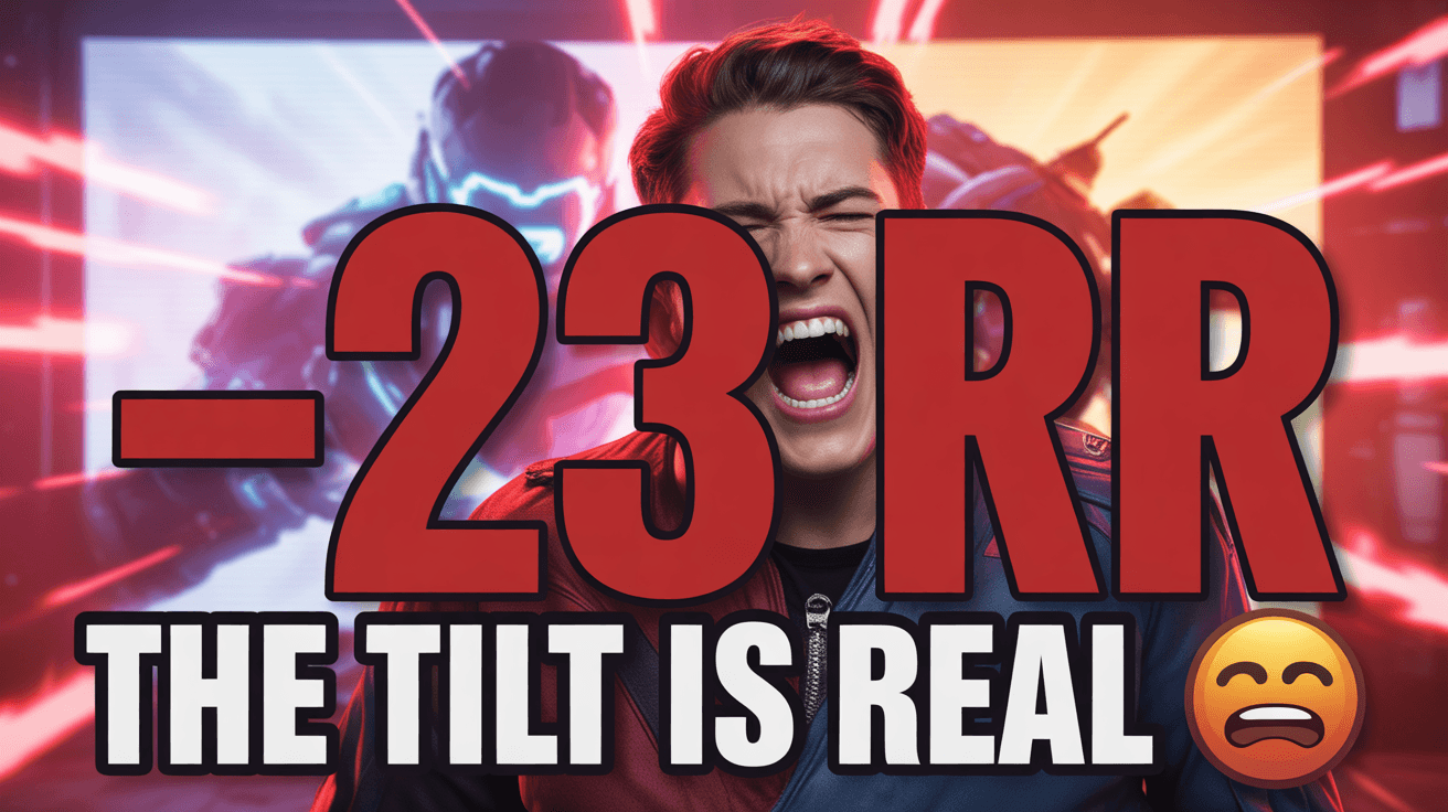 Screaming player with giant -23 RR and The Tilt Is Real text over a red Valorant defeat scene