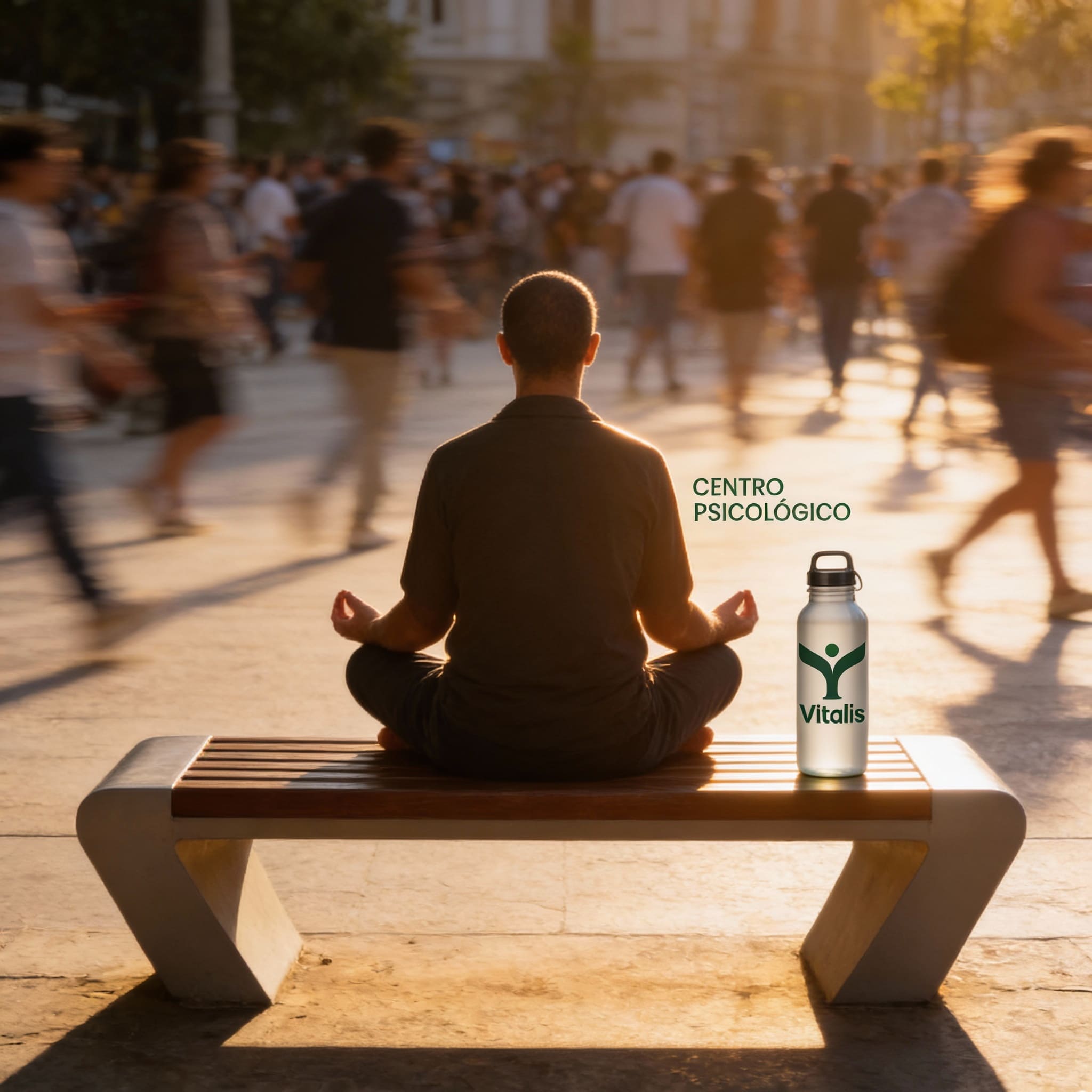 Persona meditando en paz en ciudad ajetreada con botella de Centro Vitalis.