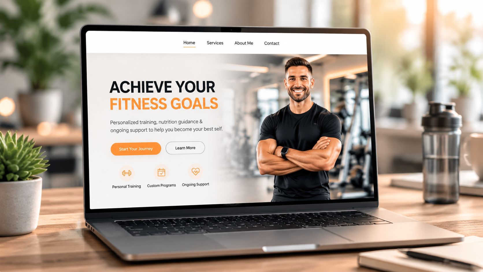 A laptop screen displaying a professional fitness website for personal training services with a smiling male trainer.