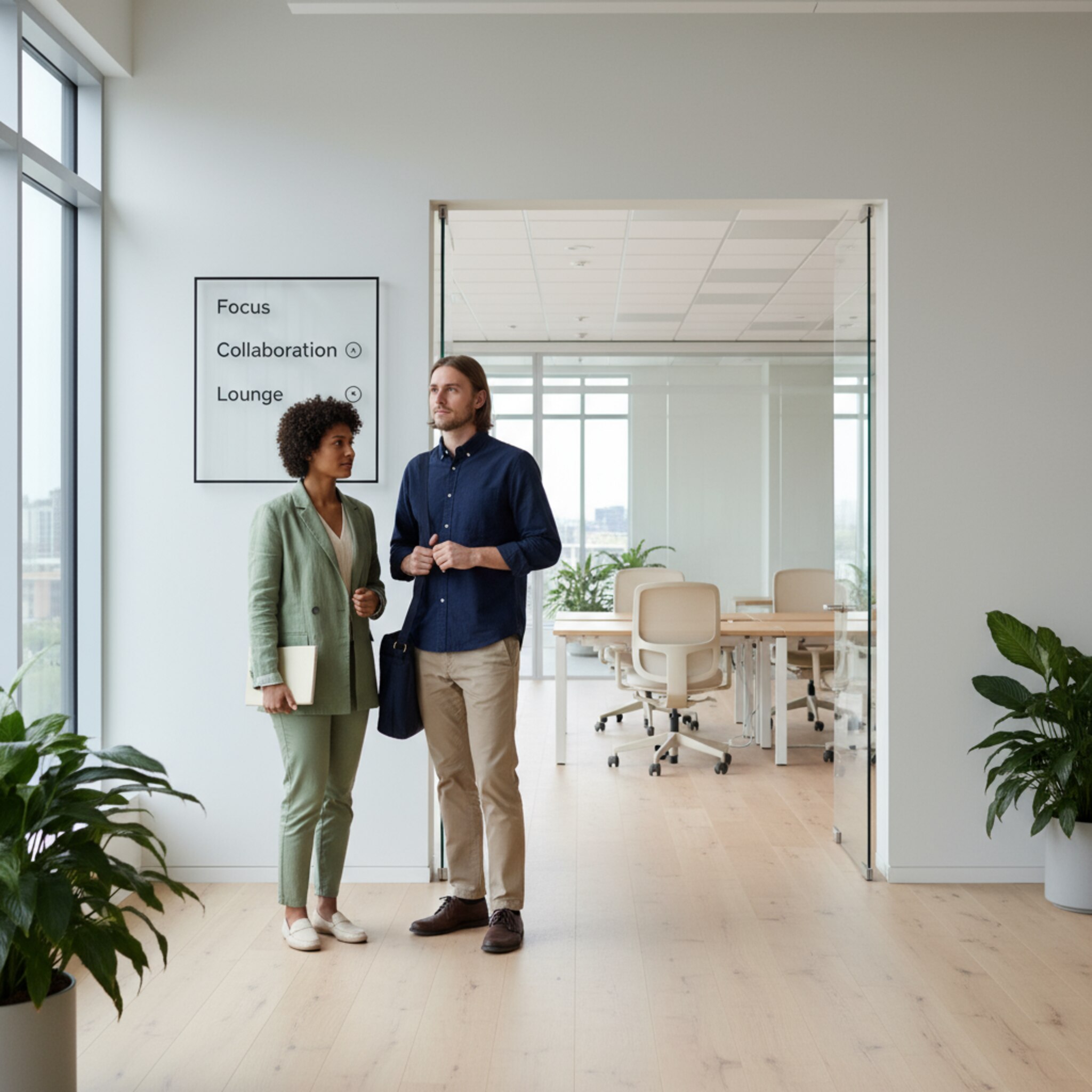 Am Eingang einer hellen Büroetage hängt eine dezente Tafel mit Zonenhinweisen. Zwei Mitarbeitende betreten gemeinsam die Fläche und bleiben kurz an der Beschilderung stehen, bevor sie in Richtung ihrer Arbeitsplätze gehen. Die Szene wirkt ruhig, klar strukturiert, ohne Hektik.