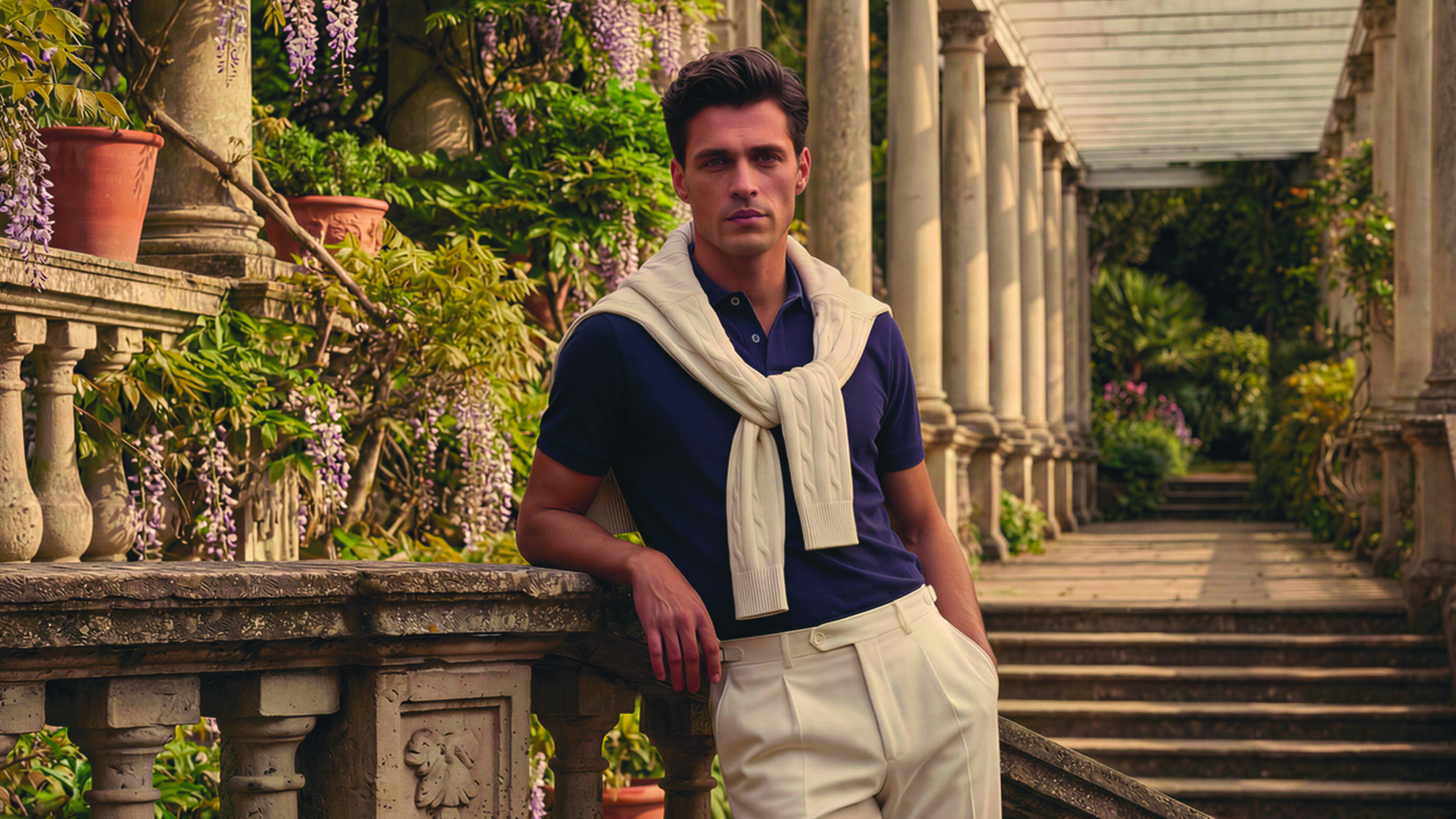 Artificial intelligence generated images for fashion brand campaign showing model in luxury setting