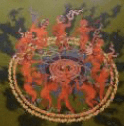 herd of sheep on road painting