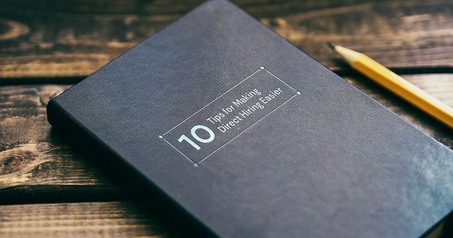 Leather notepage with cover showing 'Top tips for making direct hiring easier'