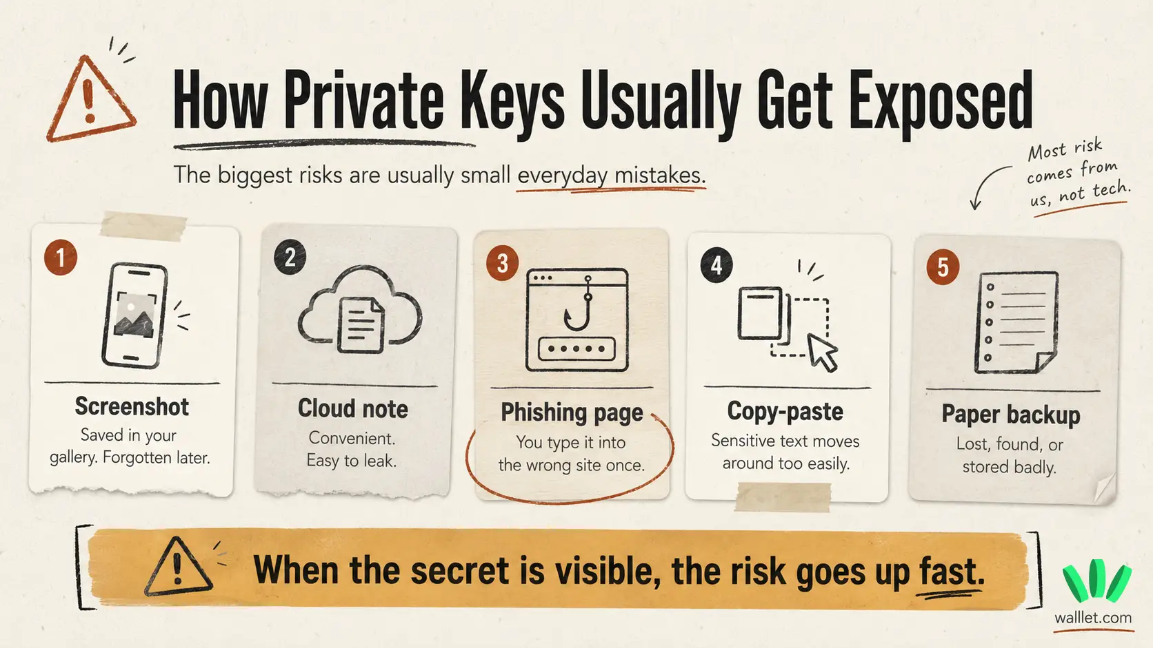 Checklist of common ways private keys get exposed, including screenshots, cloud notes, phishing pages, copy-paste, and paper backups.