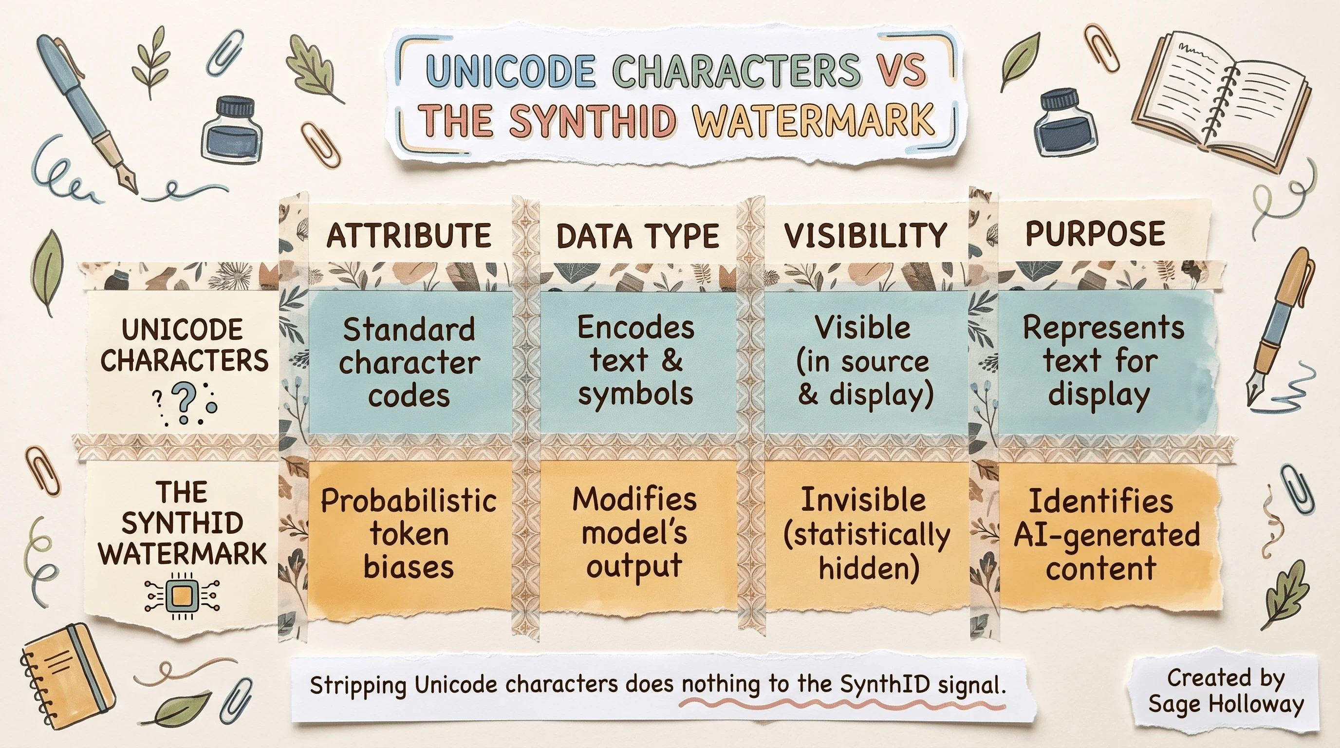 Comparison table of invisible Unicode characters versus Claude's statistical SynthID watermark