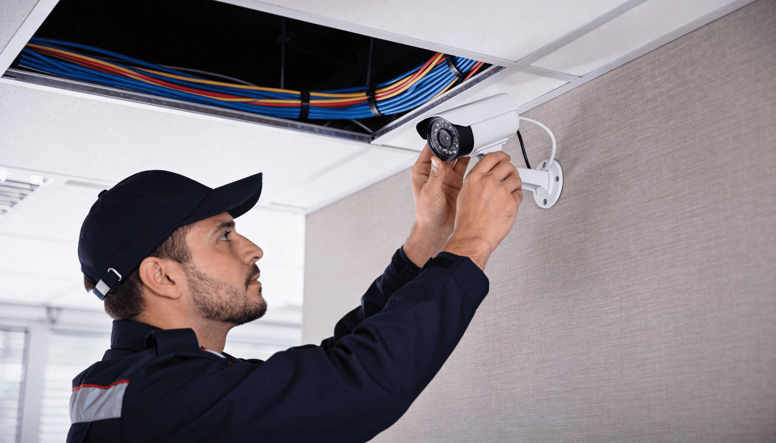 Técnico especializado instalando cámaras de seguridad en edificio corporativo con canalización limpia y configuración profesional.