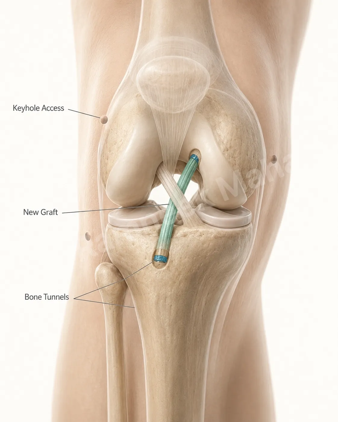 Keyhole PCL reconstruction: the torn ligament is replaced by a new graft in bone tunnels, not stitched.