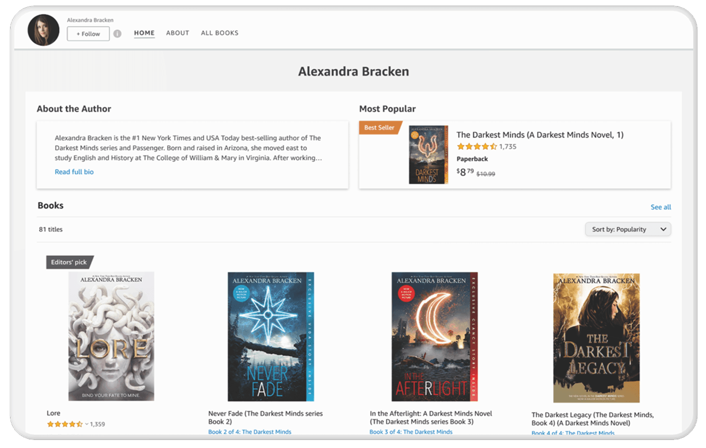 Books Ads case study: desktop author page layout for an online bookstore.