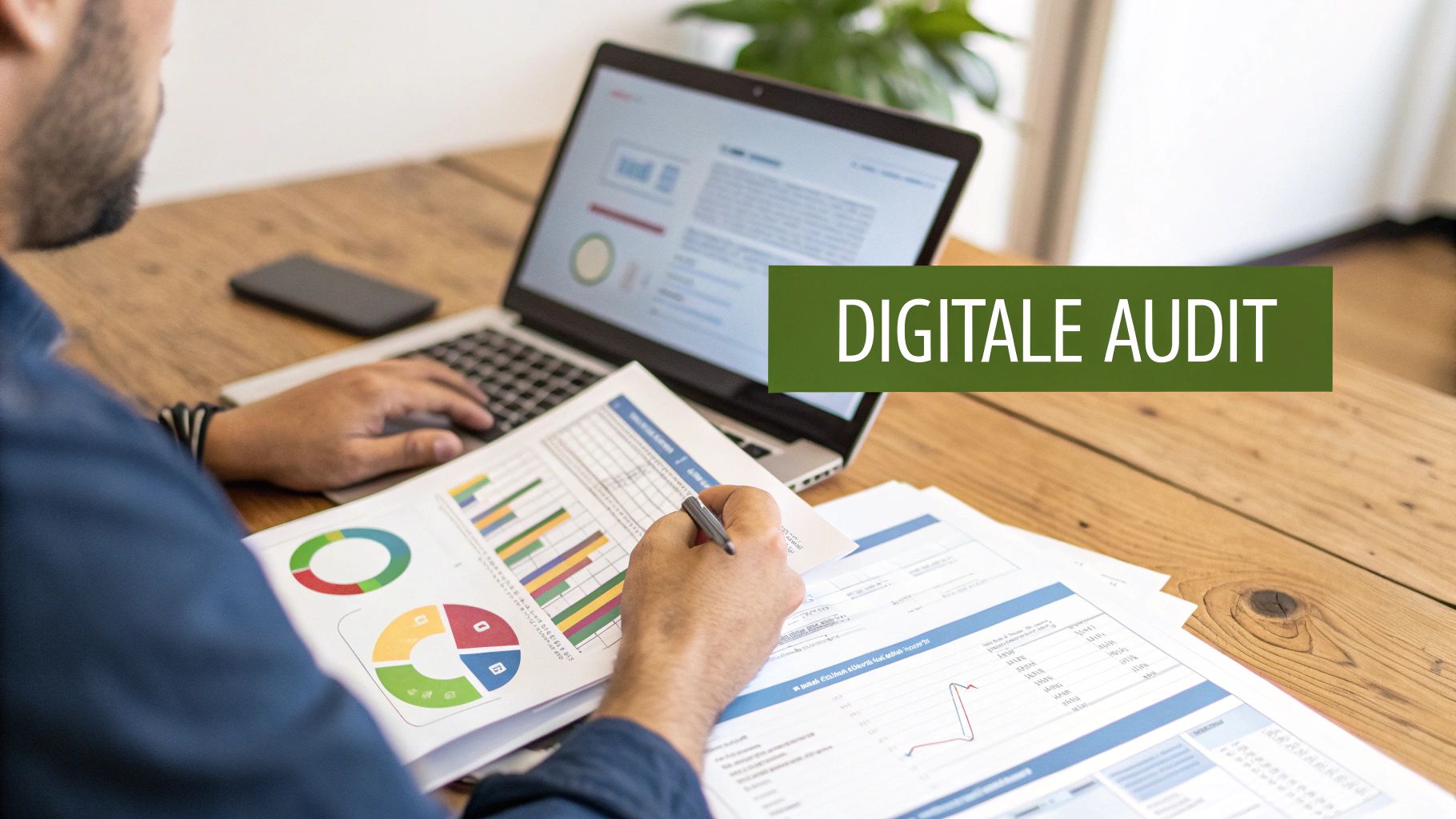Een man werkt aan een laptop en analyseert diverse rapporten met grafieken en diagrammen voor een digitale audit.