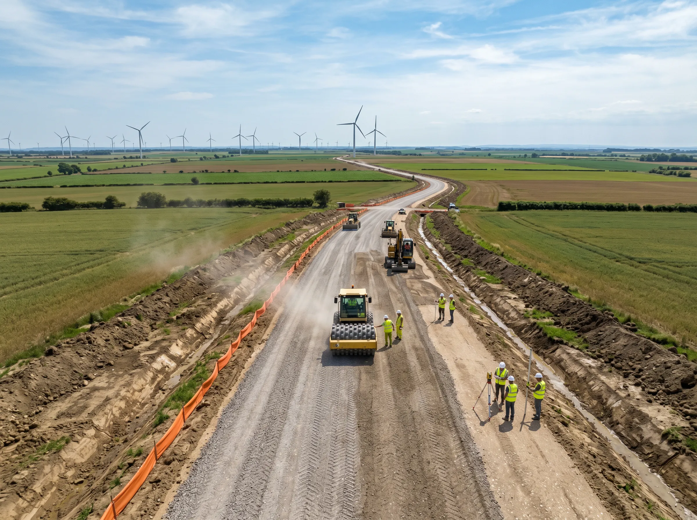 Technician in safety gear using a surveying device and tablet displaying a solar farm layout map on a hillside site.