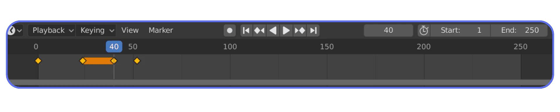 Blender timeline showing animation keyframes and playback controls during an animation sequence