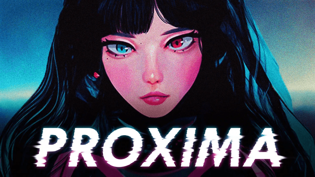 A digital artwork featuring a stylized girl with dark hair and striking blue eyes, labeled “PROXIMA” at the bottom.