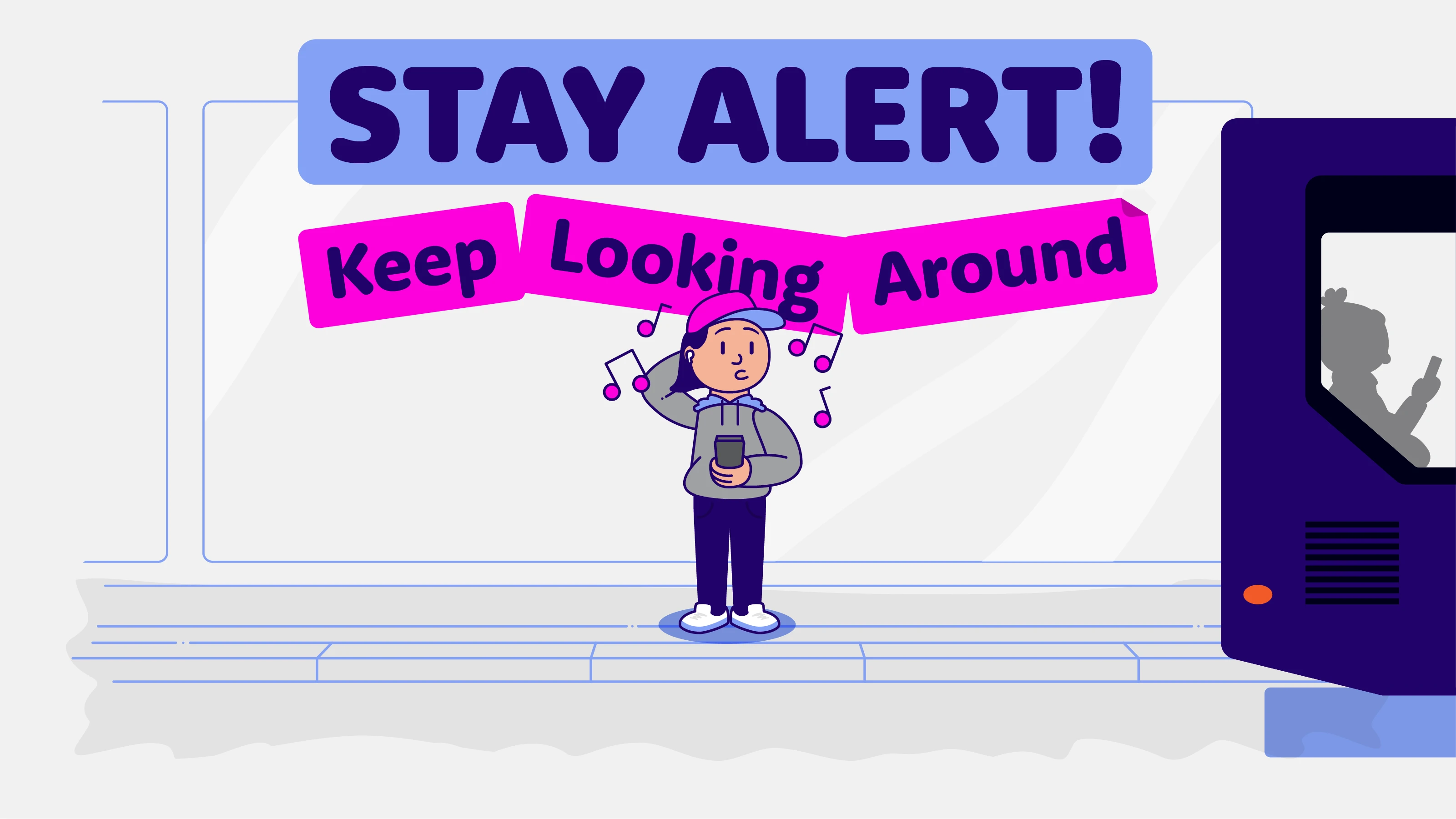 Illustration of a girl getting a shock of nearly being in an accident with message in background