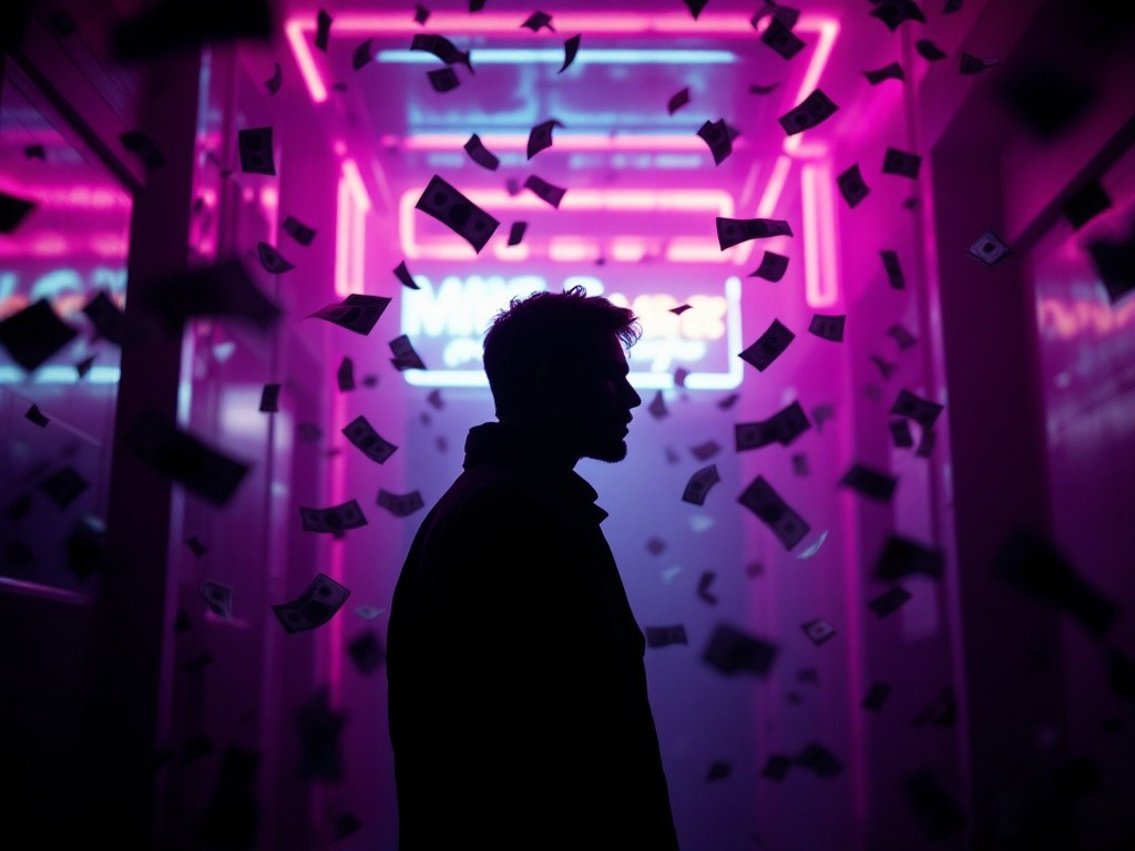 Silhouette of a man standing in a neon-lit hallway with money falling around him.