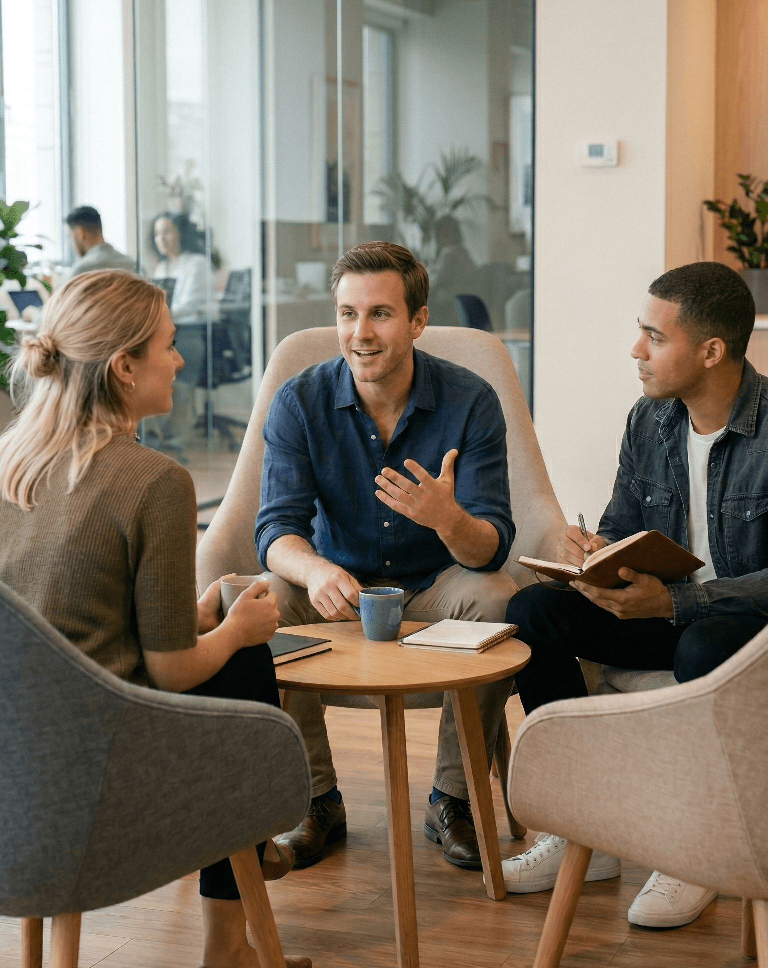 Three colleagues having a discussion seated around a small table in an office