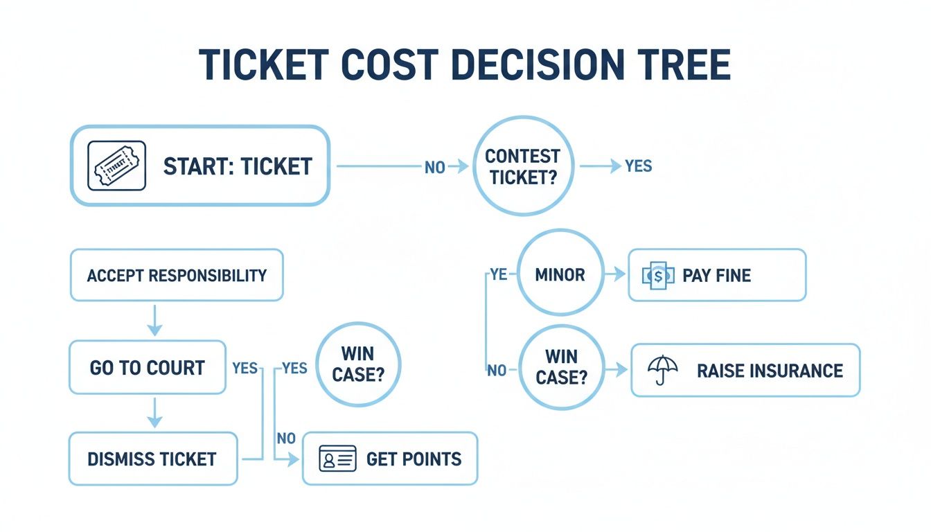A flowchart decision tree titled 'Ticket Cost Decision Tree' outlining steps for handling a ticket.
