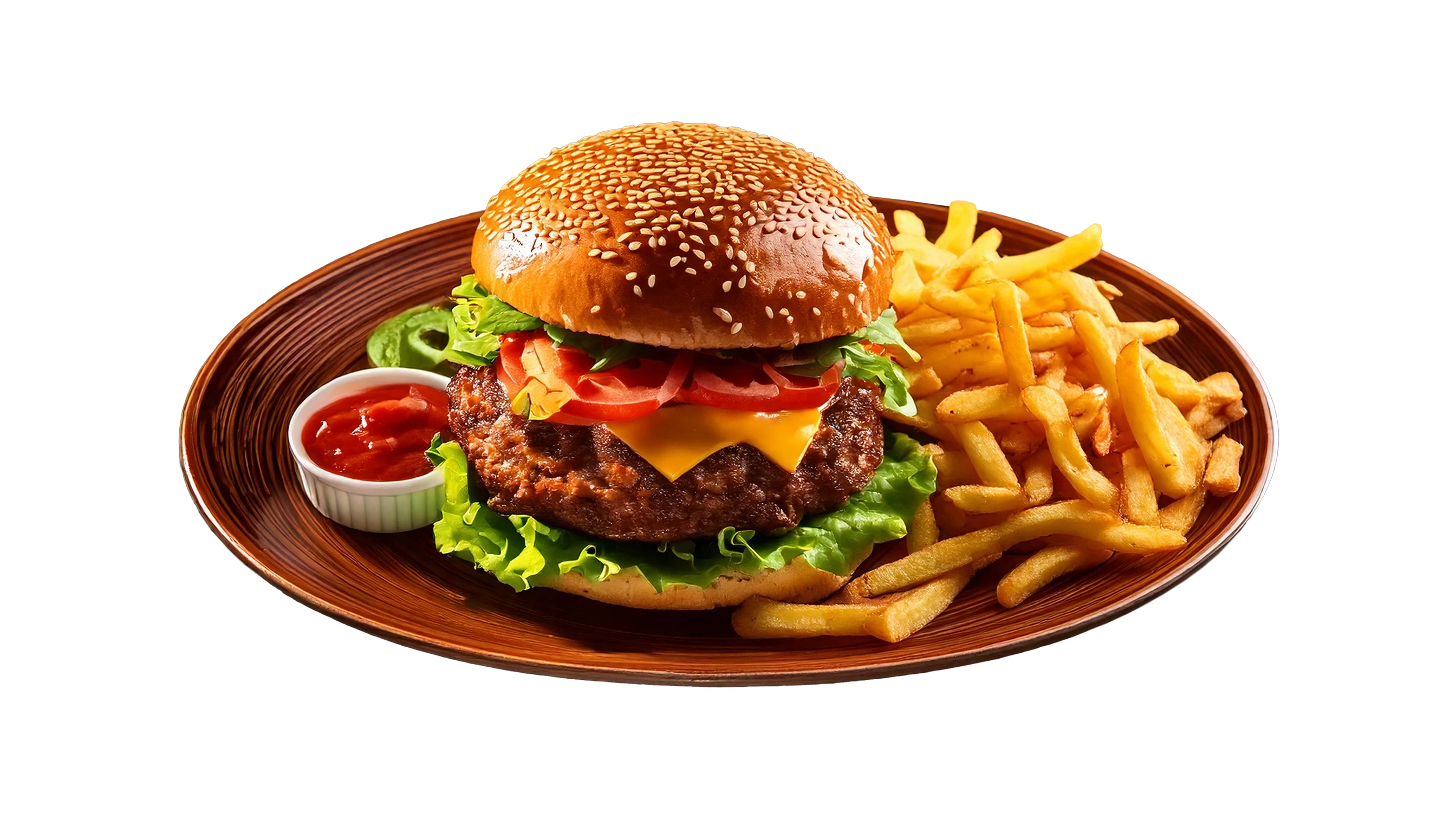 A photo of a restaurant hamburger and chips, with ketchup