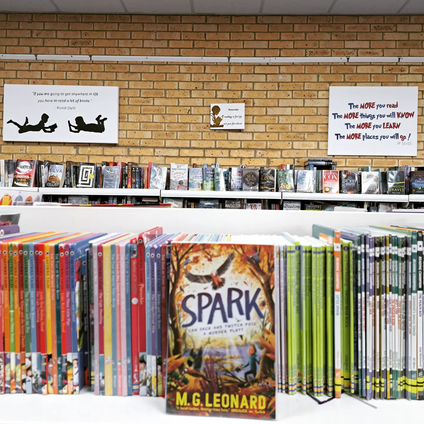 Library shelves with children’s picture books displayed at the front.