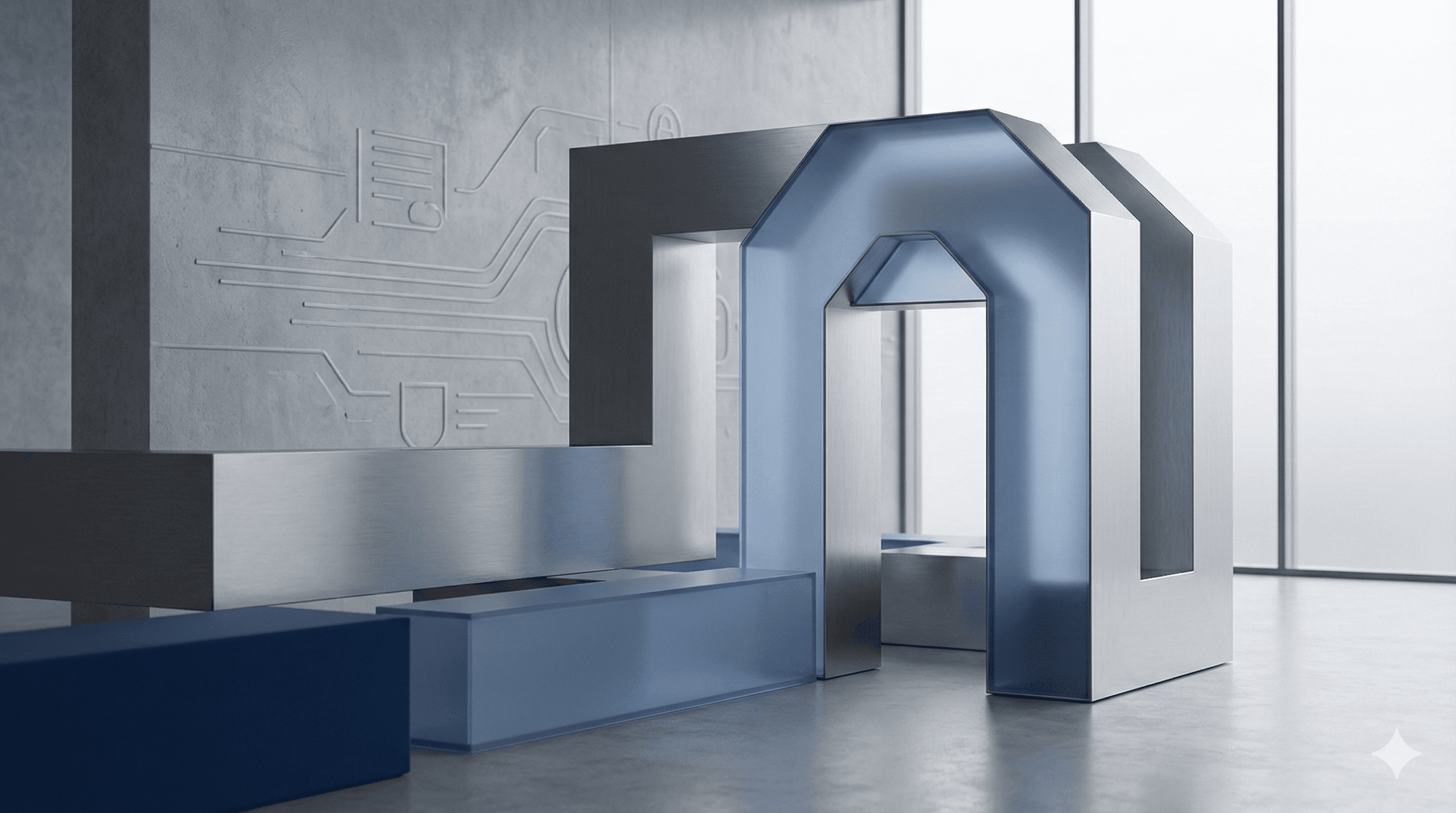 A modern, minimalist architectural structure with angular, metallic forms and a glossy finish is set against a sleek, industrial interior, featuring circuit patterns on the wall, symbolizing innovation in technology and reflecting the theme of leading AI adoption.