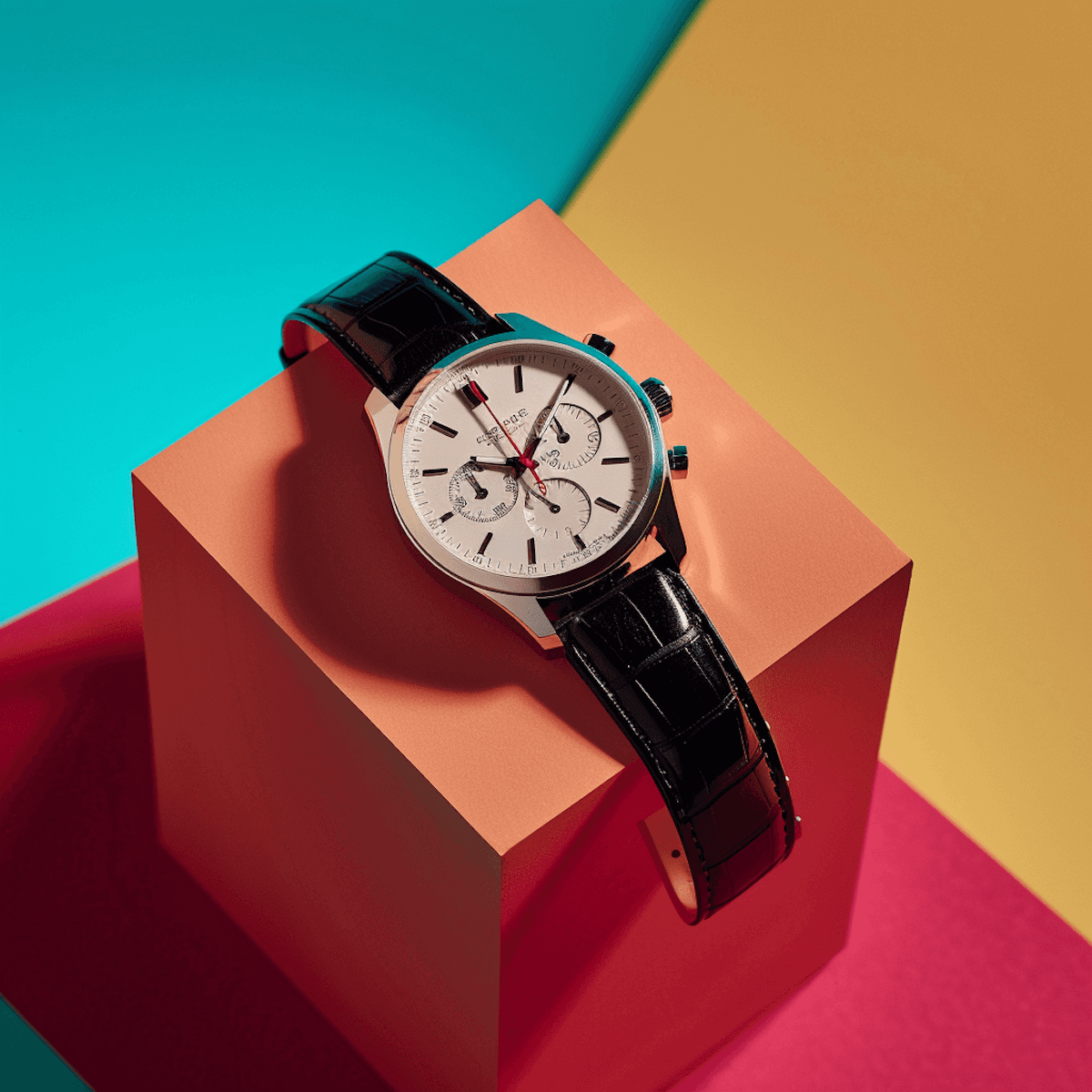 Elegant chronograph watch with white dial and black leather strap on colorful background.