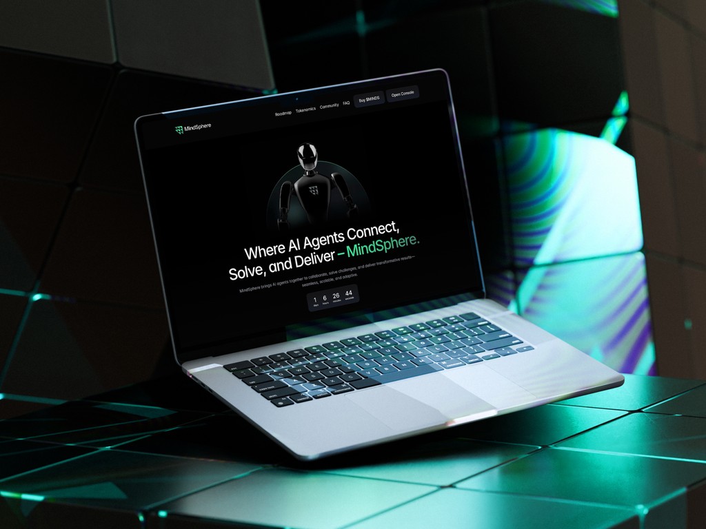 MacBook screen displaying MindSphere homepage in 3D studio lighting, showing Beew Studio’s Framer work