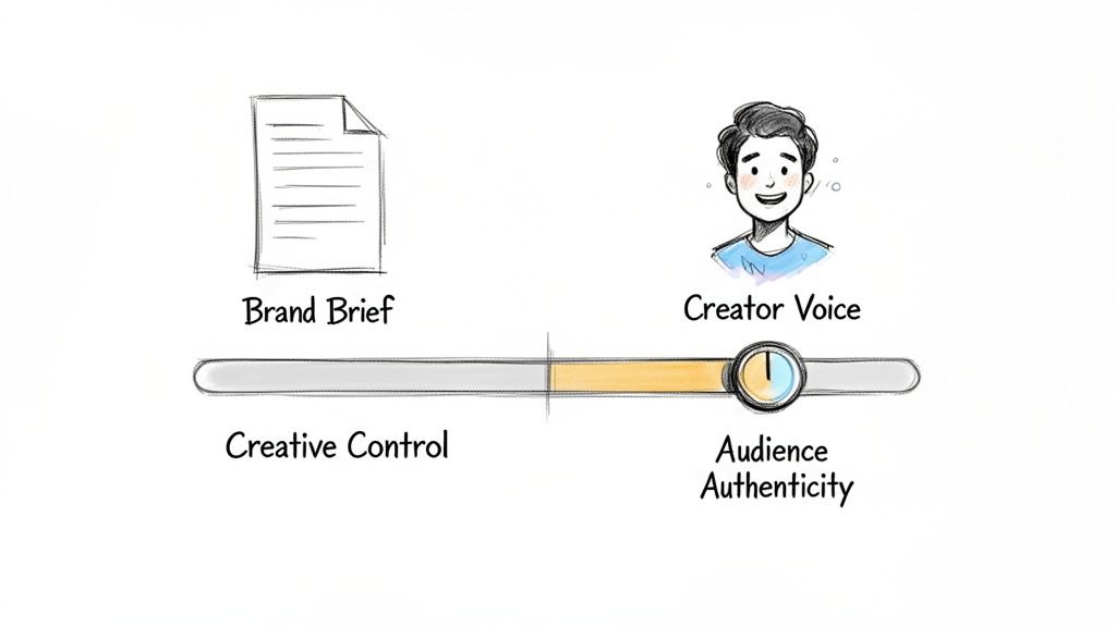 A slider balancing creative control from a brand brief with audience authenticity from a creator voice.