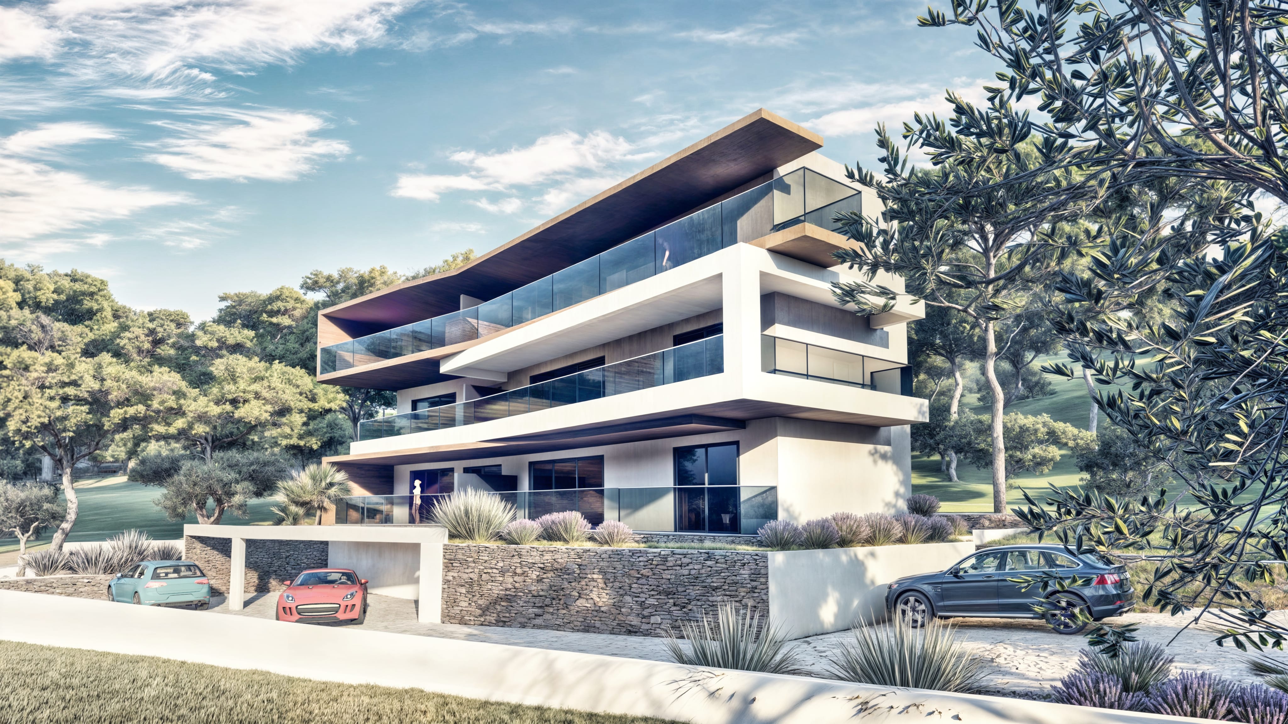 Bedroom with wall bookshelf and mountain view.