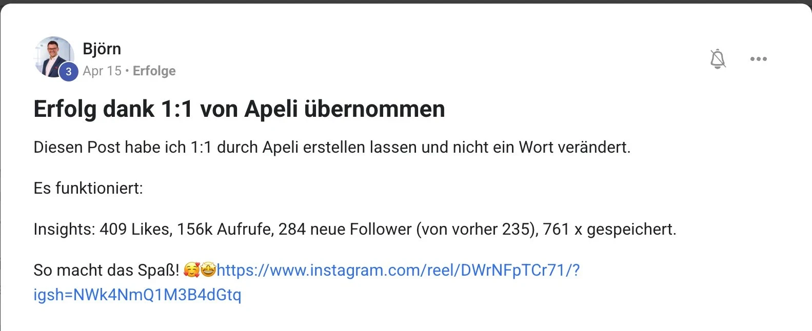 Erfolgsbericht KI Creator Akademie: Björns Apeli-AI-Post erzielt 156.000 Aufrufe und 284 Follower