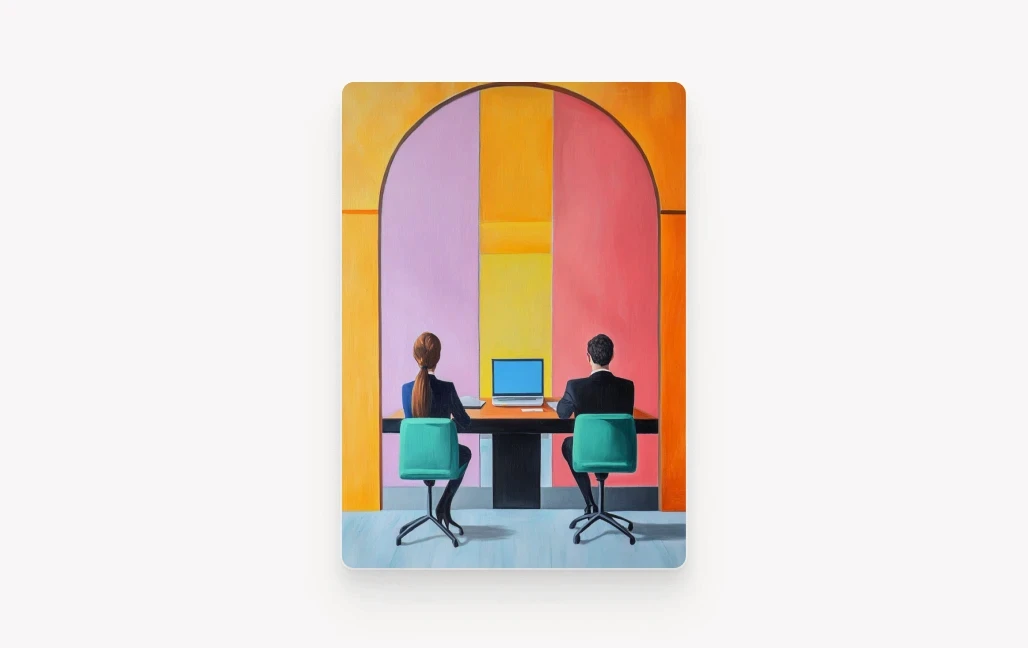 Artwork of woman and man sat at a desk looking at a laptop