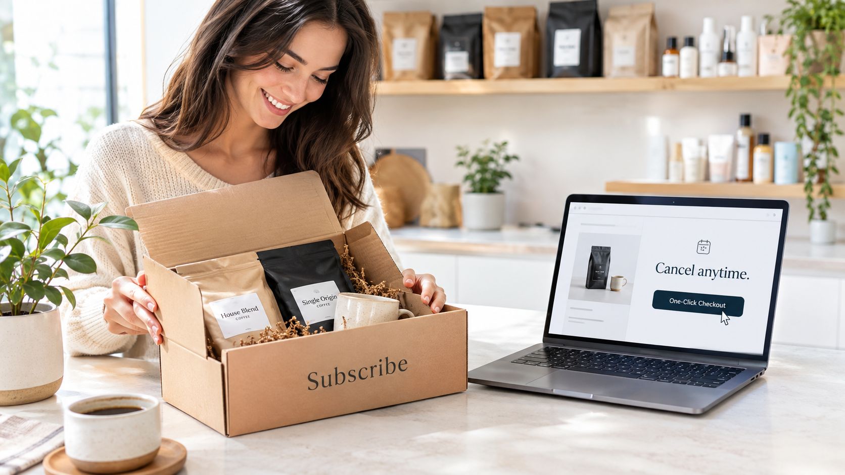 A woman smiling while opening a monthly coffee subscription box next to a laptop with checkout options.