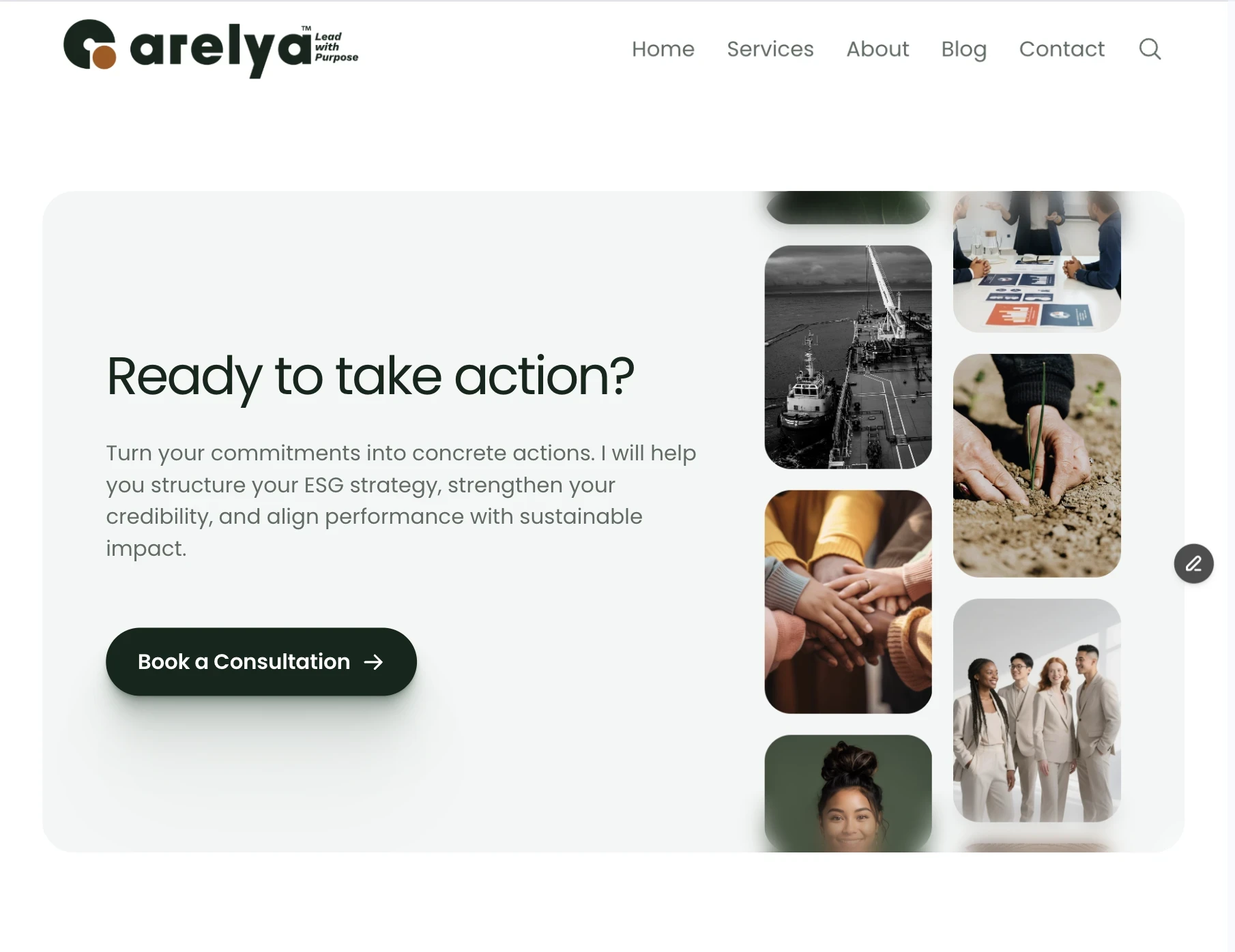 Section d’appel à l’action du site Arelya invitant les entreprises à structurer leur stratégie ESG et à passer à l’action.