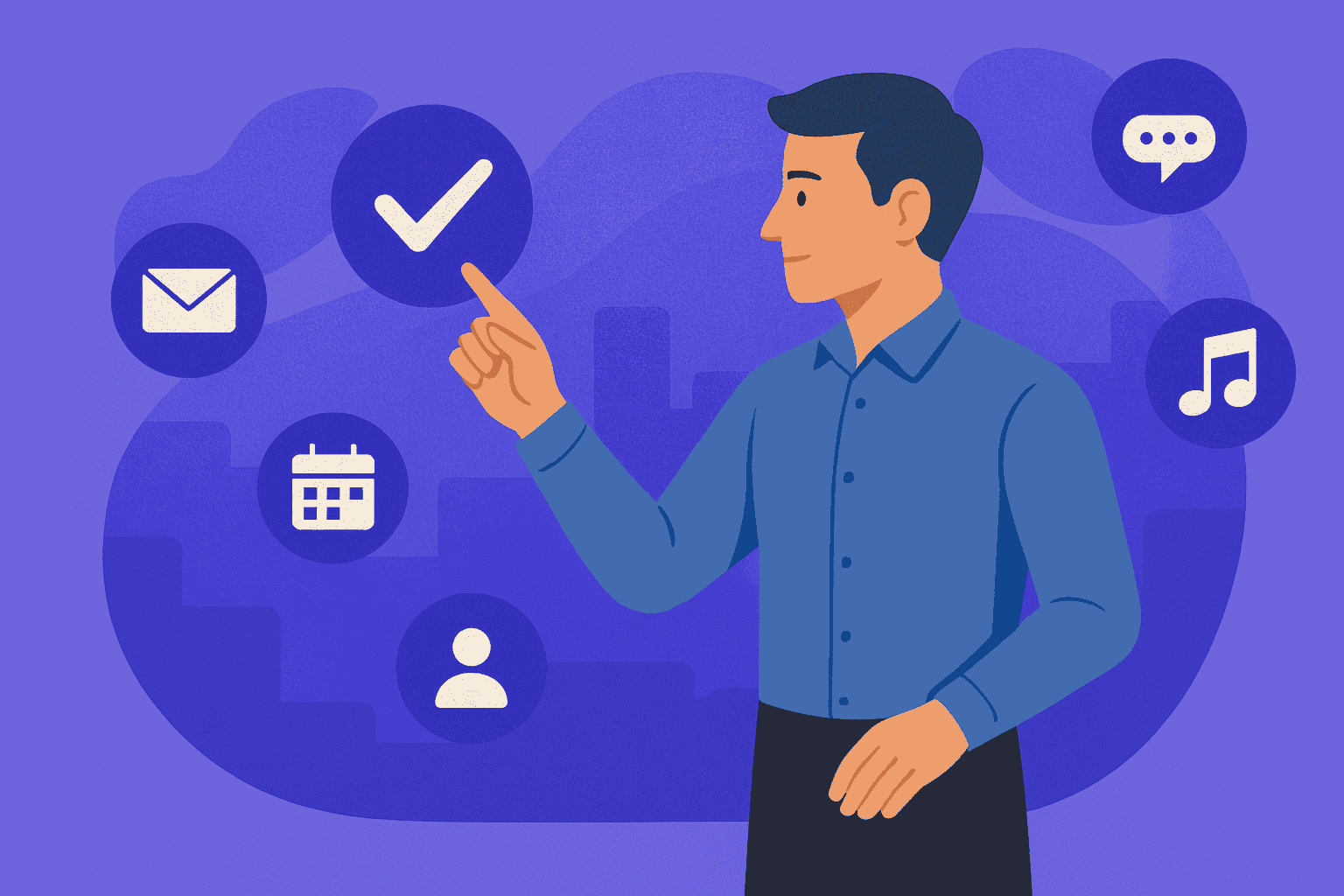 A flat-style digital illustration of a business leader selecting a key priority from several floating task icons, symbolizing strategic prioritization and focus.