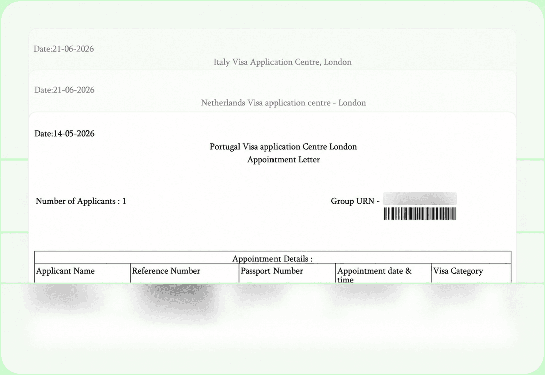 The official appointment confirmation from the visa centre, delivered in Telegram