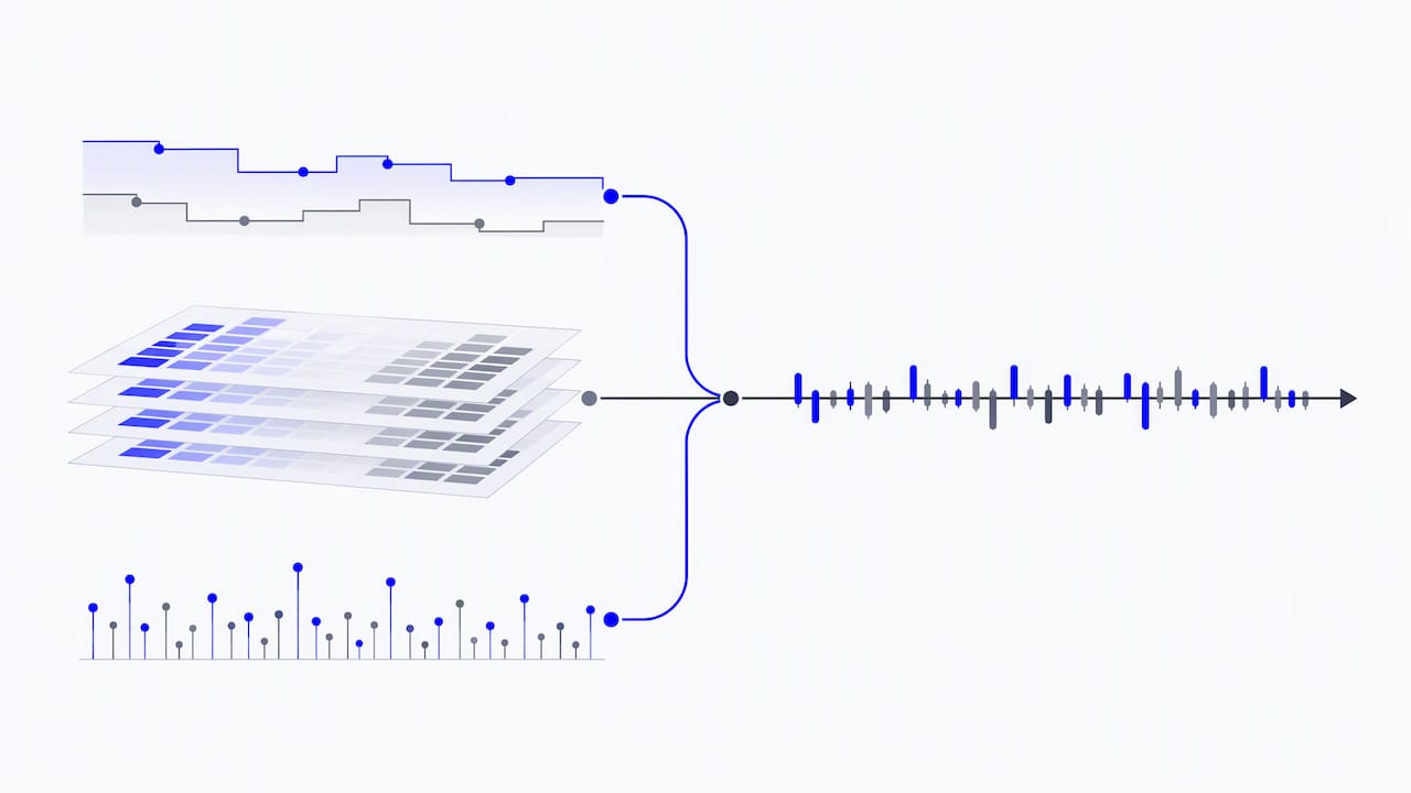 Three market data inputs feed a replay lane