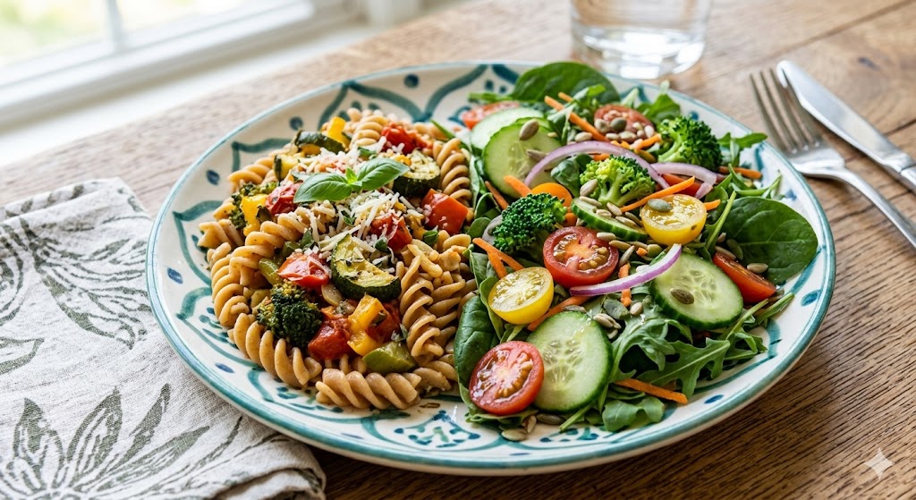 A healthy balanced meal on a patterned plate, featuring whole grain fusilli pasta with roasted vegetables on one side and a fresh garden salad with spinach, cucumber, tomatoes, and pumpkin seeds on the other, sitting on a wooden table.