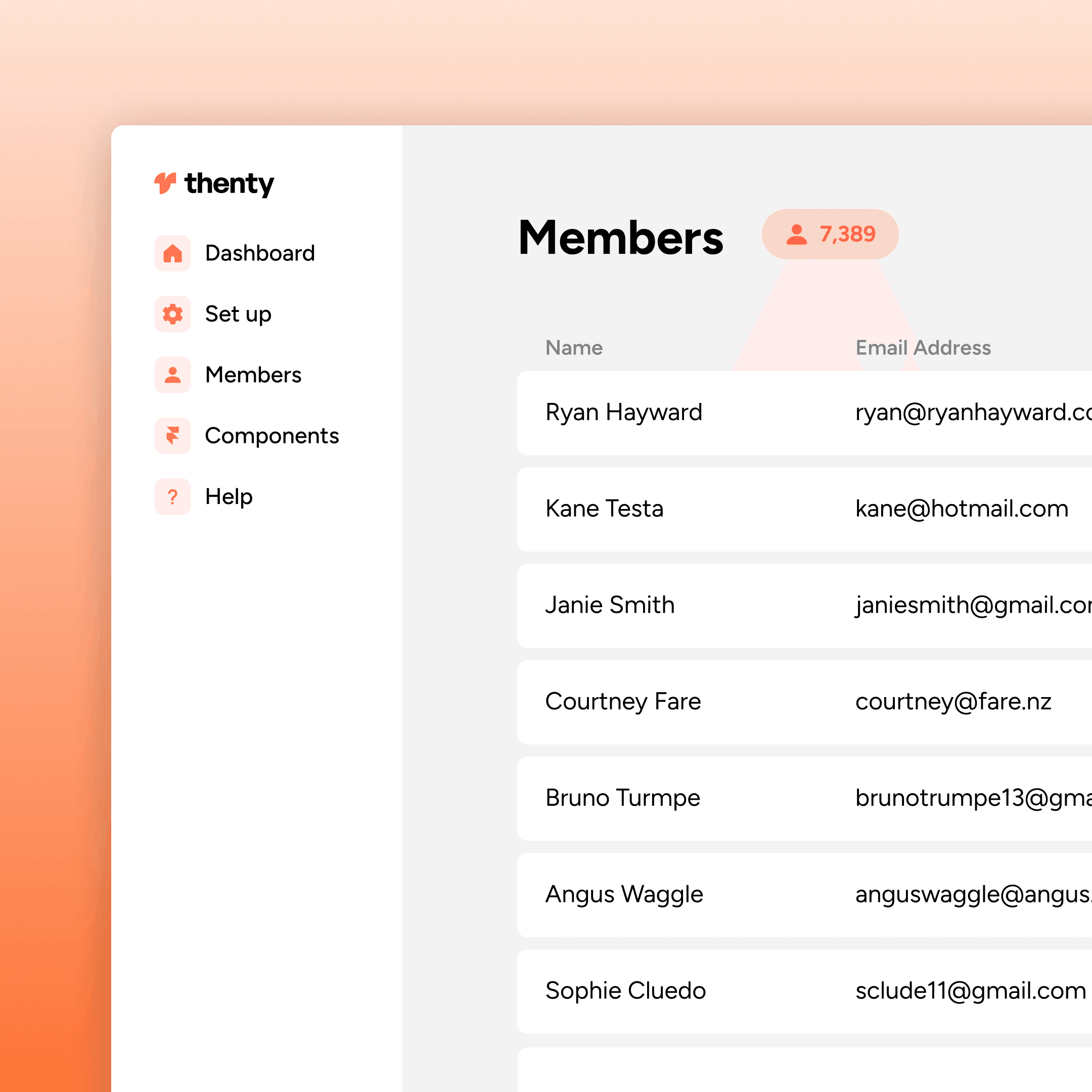 Thenty dahsboard showing database on members from Framer course website