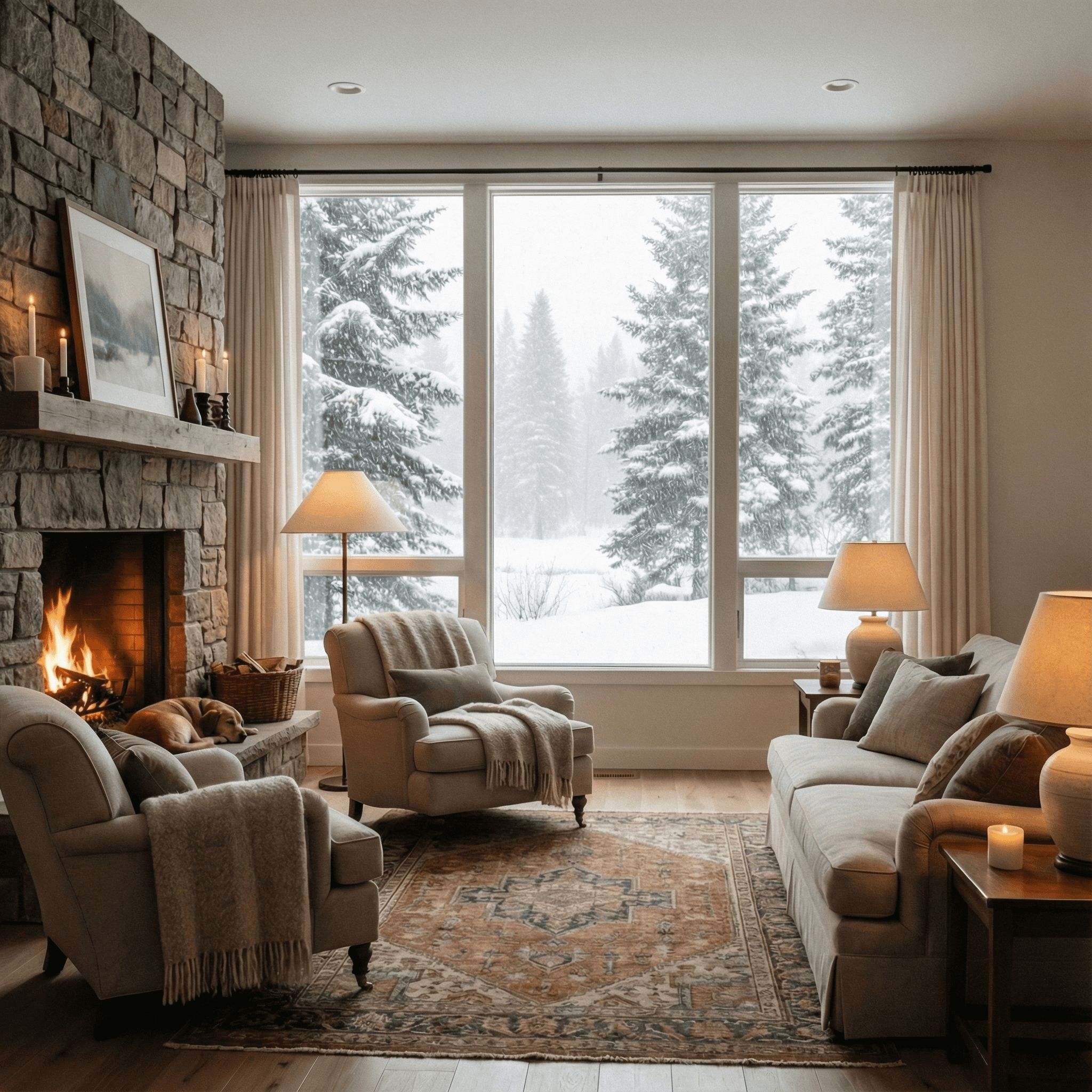 Cozy living room with fireplace in Chilliwack, Fraser Valley, British Columbia, perfect for HVAC and plumbing.