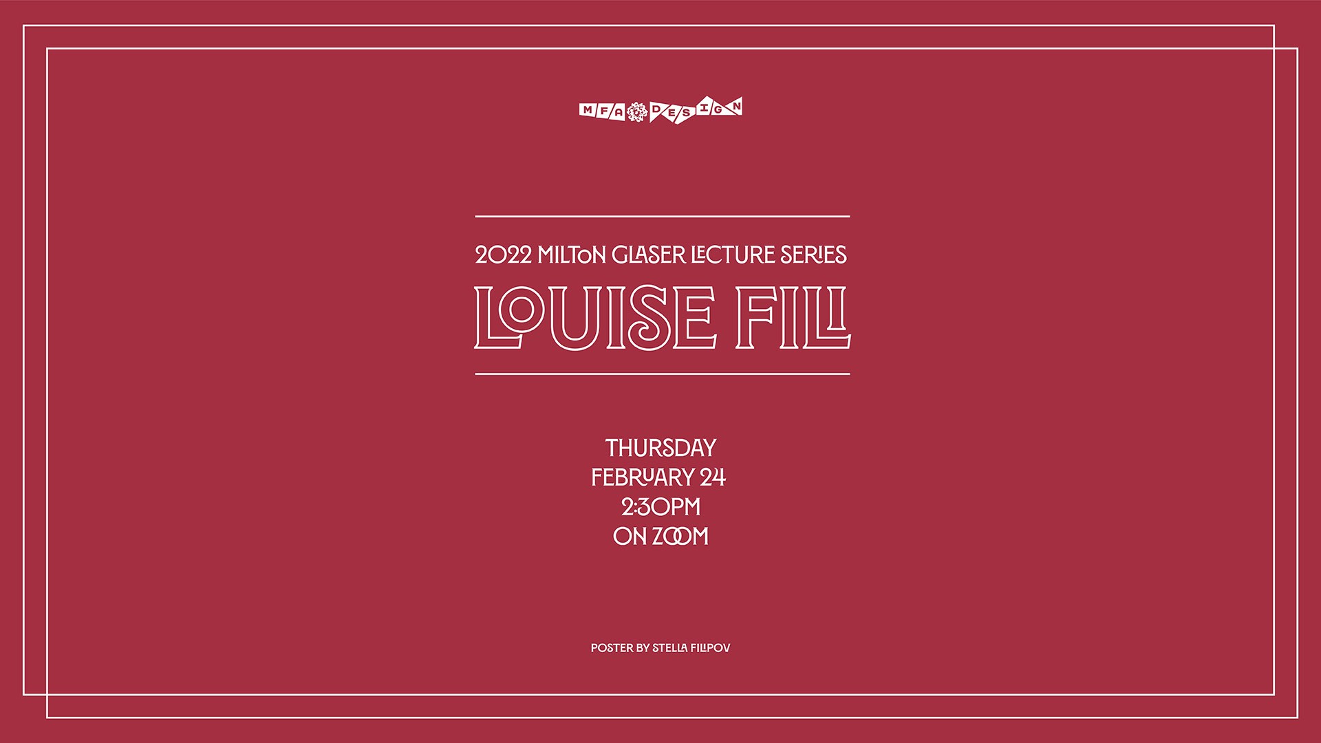 Event poster for Louise Fili, 2022 Milton Glaser Lecture Series, held on February 24 on zoom on red background