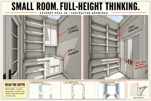 Two sides of a compact storage room with tall shelves, apron sink and lower storage.